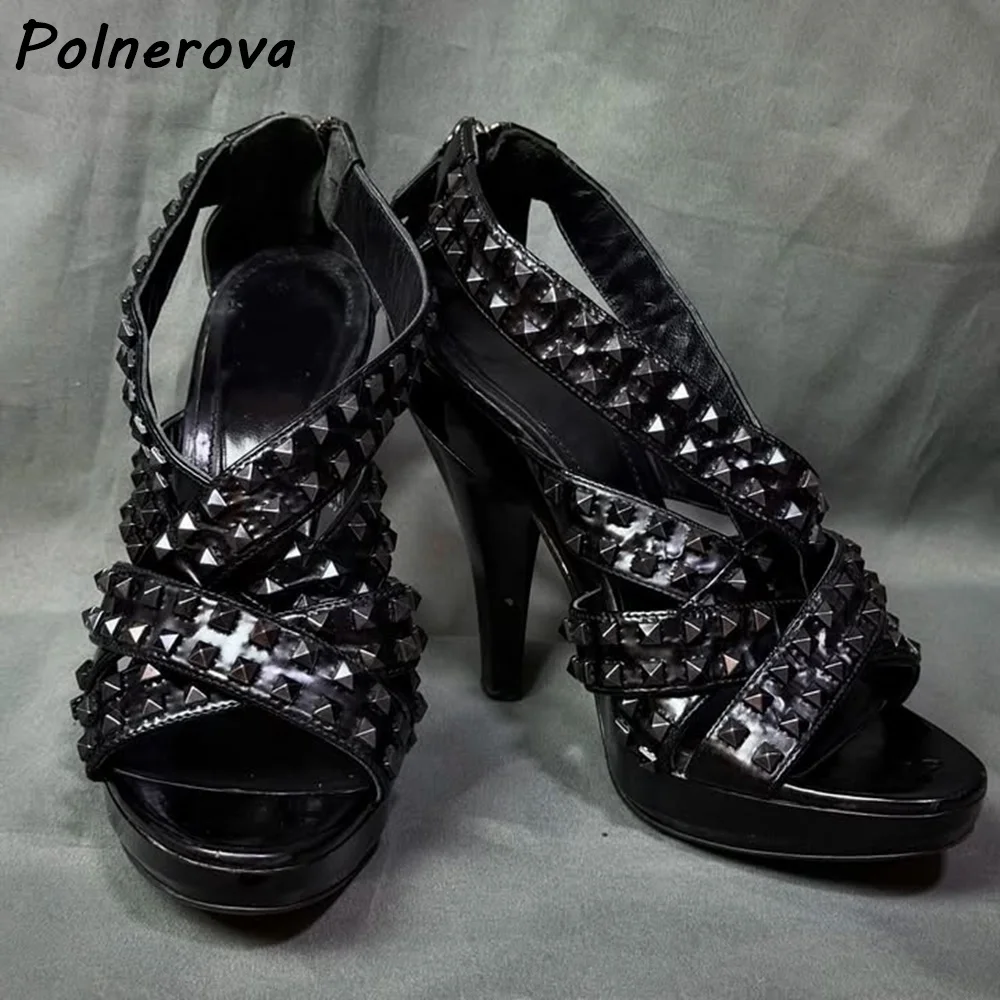 Black Patent Crisscross Strap Sandals Platform Open Toe Back Zipper Thin Heels Shoes Gothic Punk Women Summer Stiletto Shoes
