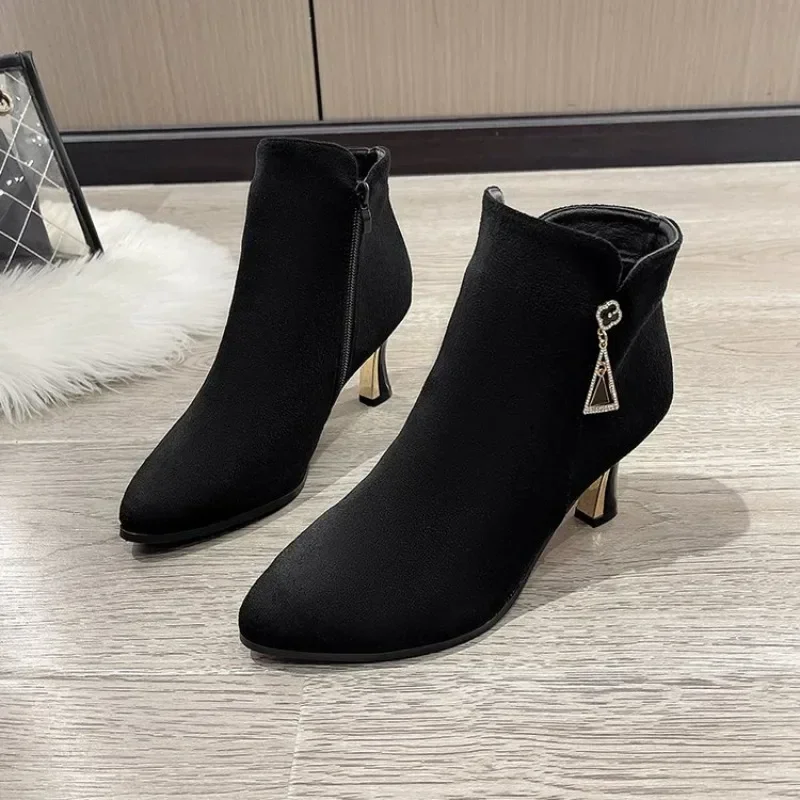 Booties Suede Pointed Toe Short Shoes for Women Heeled Footwear Rhinestone Female Ankle Boots Very High Heels Spring 2024 Trend