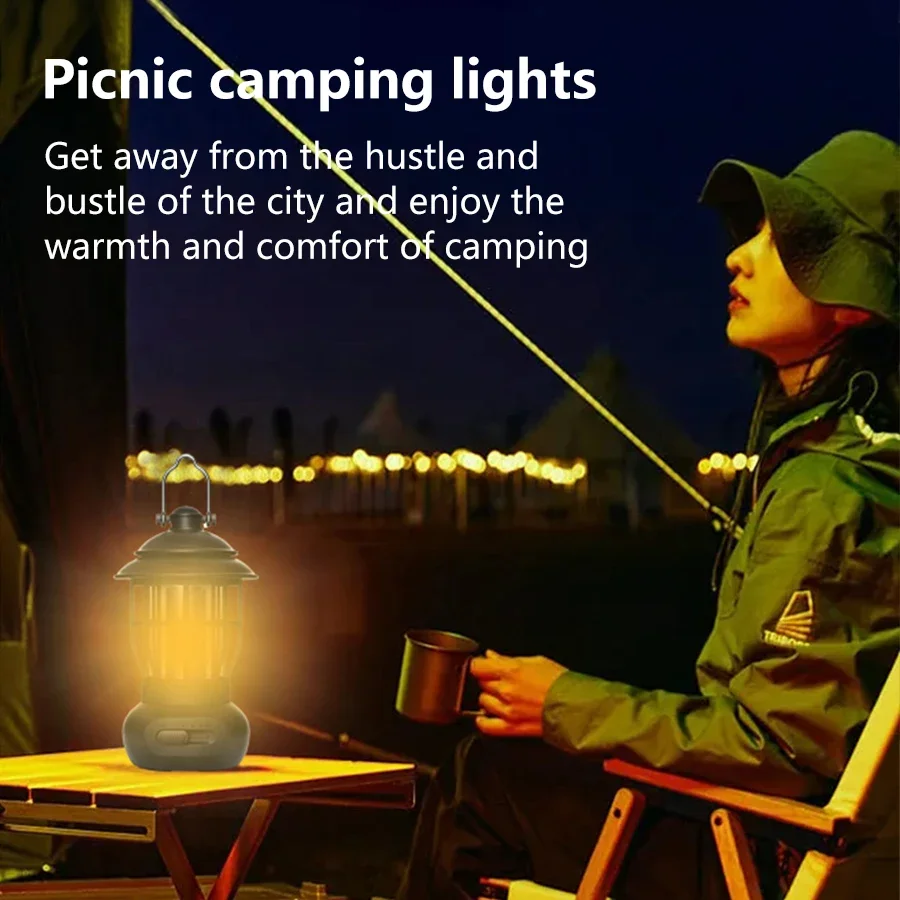 Retro Portable Camping Lantern Waterproof Emergency Light COB Stepless Dimmable Hanging Tent Lamp Charging Decor Atmosphere Lamp