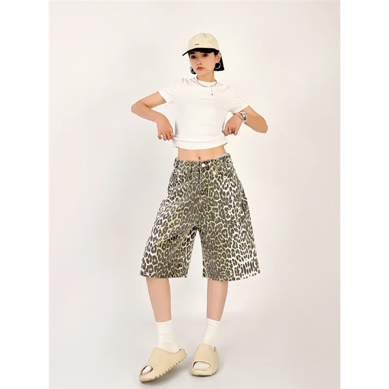 Mulheres leopardo cintura alta denim shorts, calças retas, streetwear, Harajuku, Y2K, vintage, feminino, perna larga, calças cinco pontos