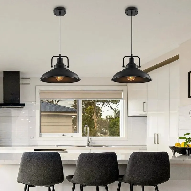 Farmhouse Industrial Pendant Light 12.5 Inch Black Metal Barn Adjustable Pendant Lamp 70 Inch Cord E26 Vintage Hanging Light Fixture for Kitchen Island Dining Room Cafe Bar Bulb Not Included