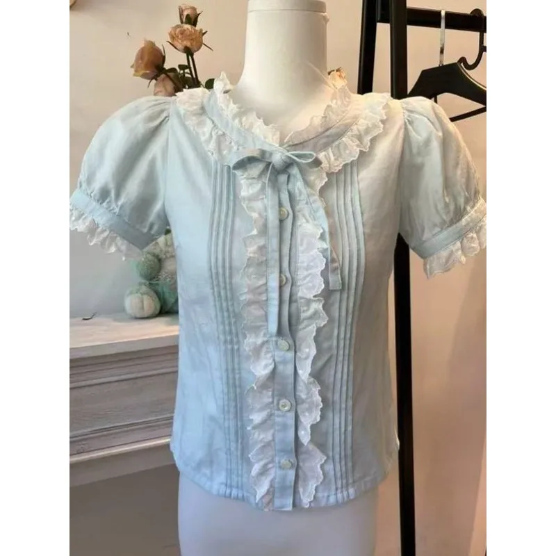 French Victorian Kawaii Puff Sleeve Lace Ruffle Bow Button Front Soft Light Blue Blouse For Women Girls Daily Wear Casual Party