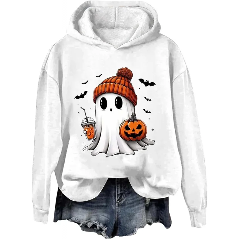 

Halloween Pumpkin Hoodies Women Spooky Season Sweatshirts Plain Cute Ghost Graphic Pullover Tops Fall Party Sweater