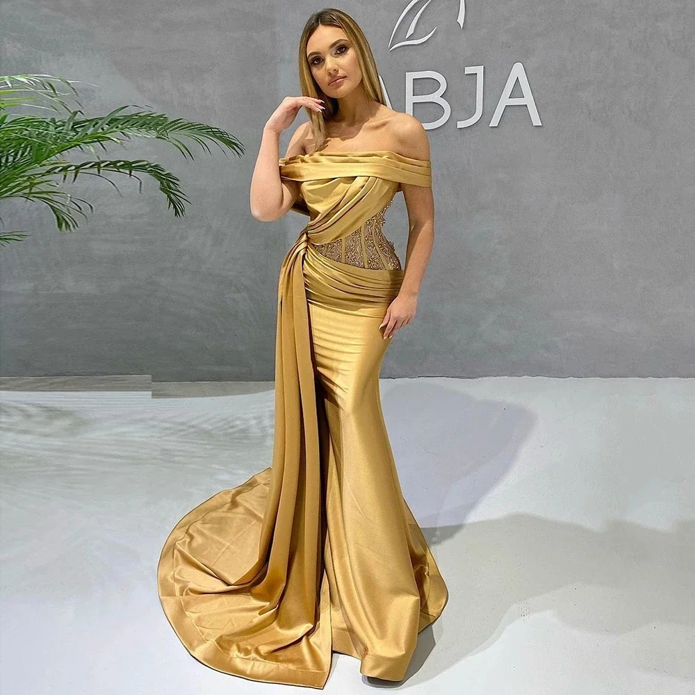 

Sexy Mermaid Charming Gold Off The Shoulder backless Satin Women Formal Prom party Vestidos De Fiesta Custom Evening Dresses