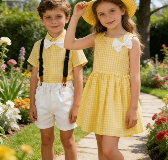 

New Children's Clothing for Boys and Girls Summer Checkered Casual Set Fashion and Cute Boy Suit Girl Dress