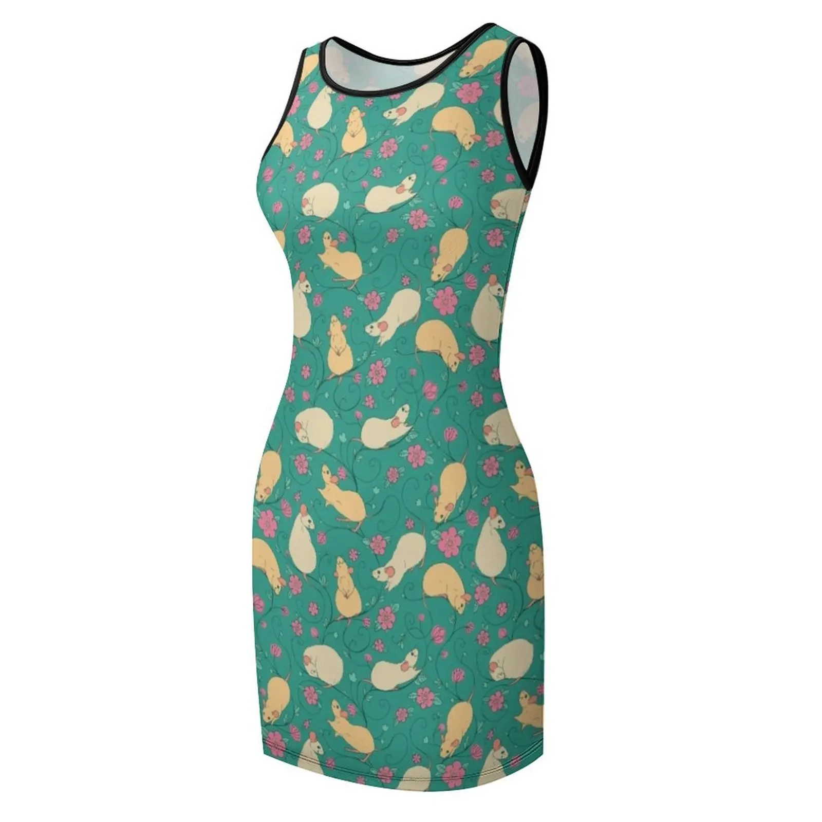 Floral Rat Retro Pink and Teal Sleeveless Sundress Summer dresses for women birthday dress Clothing female Female clothing