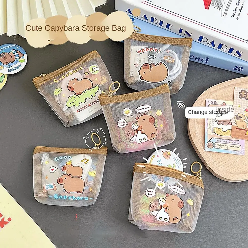 Portable Capybara Rabbit Panda Coin Wallet Mesh Cartoon Anime Key Card Lipstick Holder Earphone Storage Bags for Student Girls