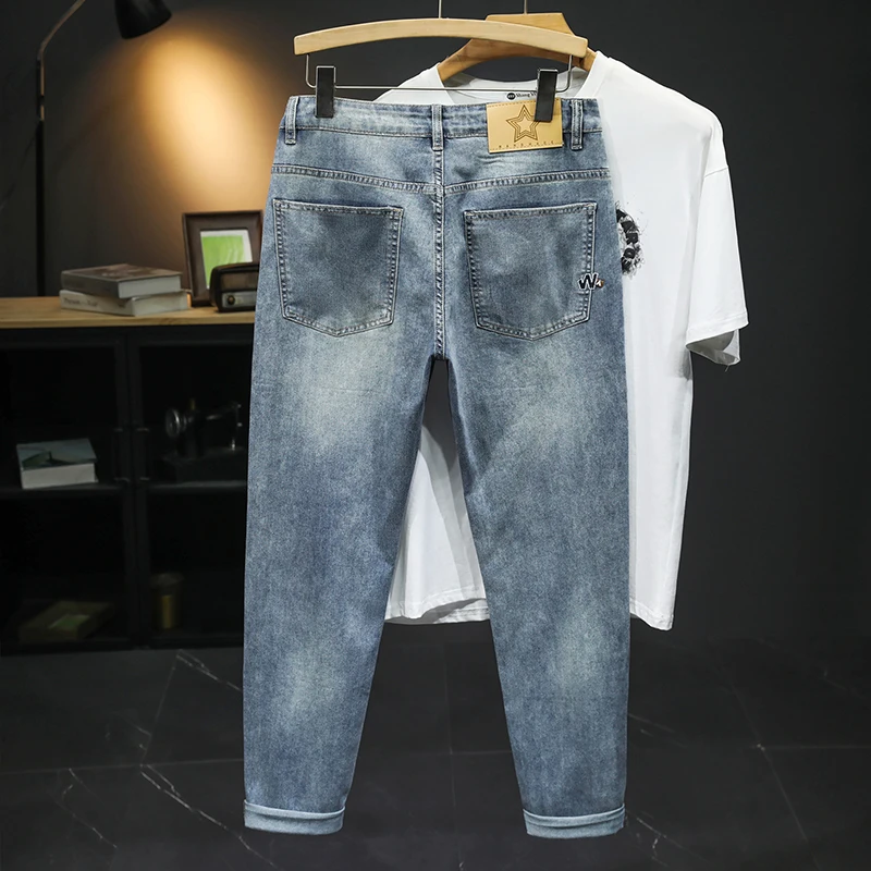 2024Summer New Jeans Men's Embroidered Printed Trendy Straight Loose High-End Washed Japanese Style Boy Trousers