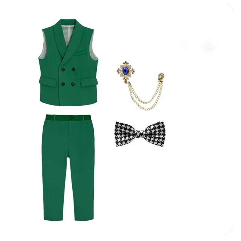 Boys Pure Green Vest Pants Bowtie Brooch 4Pieces Formal Wedding Birthday Prom Outfit Suit Kids Piano Host Performance Costume
