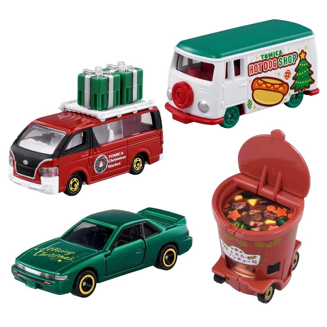 Conjunto de carros de brinquedo de liga TOMY Tomica 098393 - Coleção de 4 unidades de presente para homens e mulheres, veículos e modelos de brincar de Natal