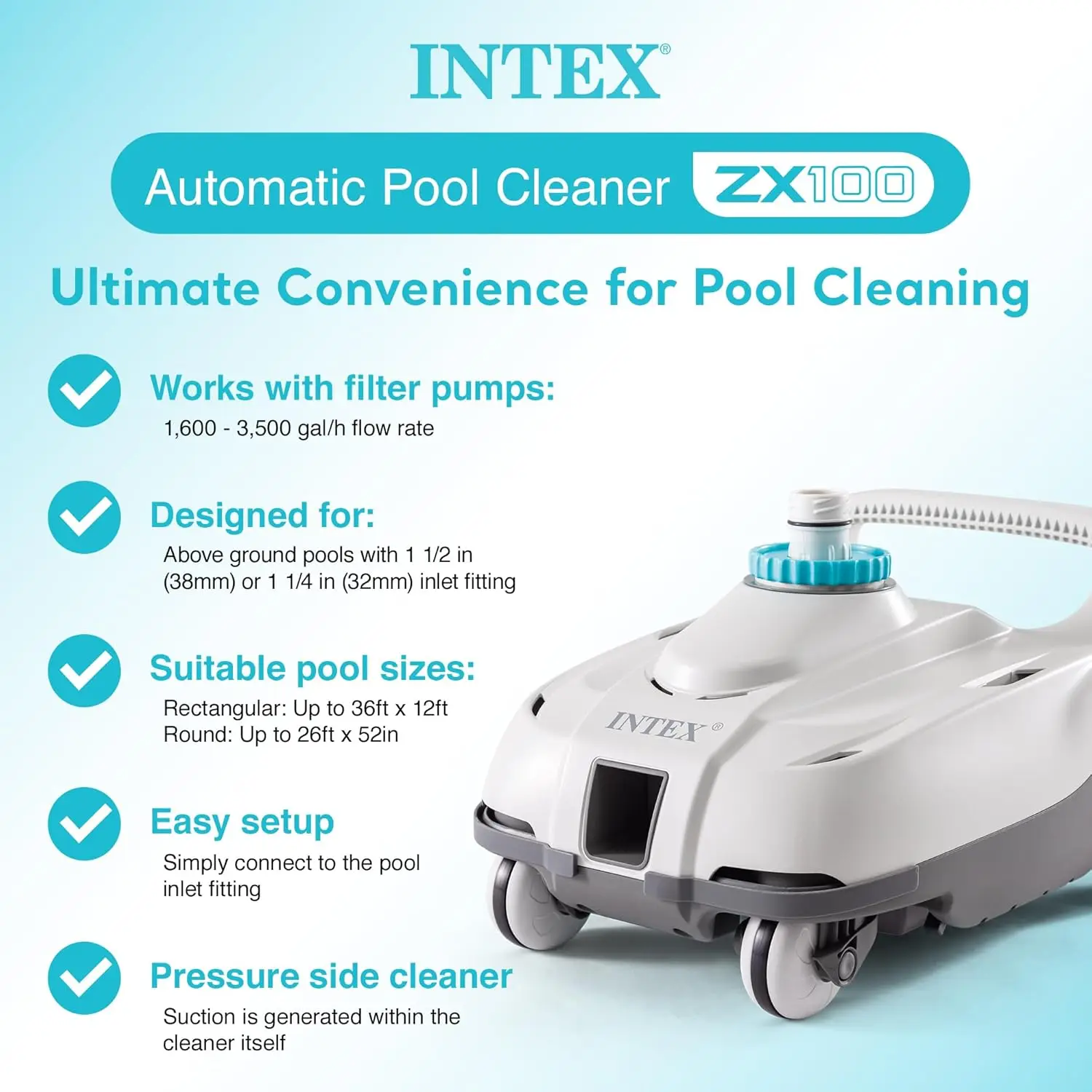 ZX100 Pressure-Side Above Ground Automatic Pool Cleaner: For Bigger Pools – Cleans Pool FloorRemoves DebrisRemovable