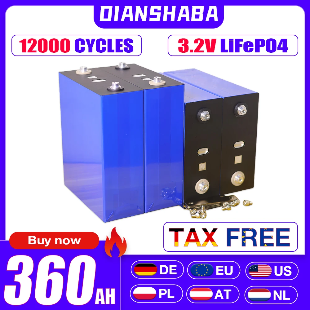 

New 3.2V 360ah Lifepo4 battery DIY 12V 24V 48V 12000 cycles 3C Grade A rechargeable battery Cell Pack EU shipment duty-free