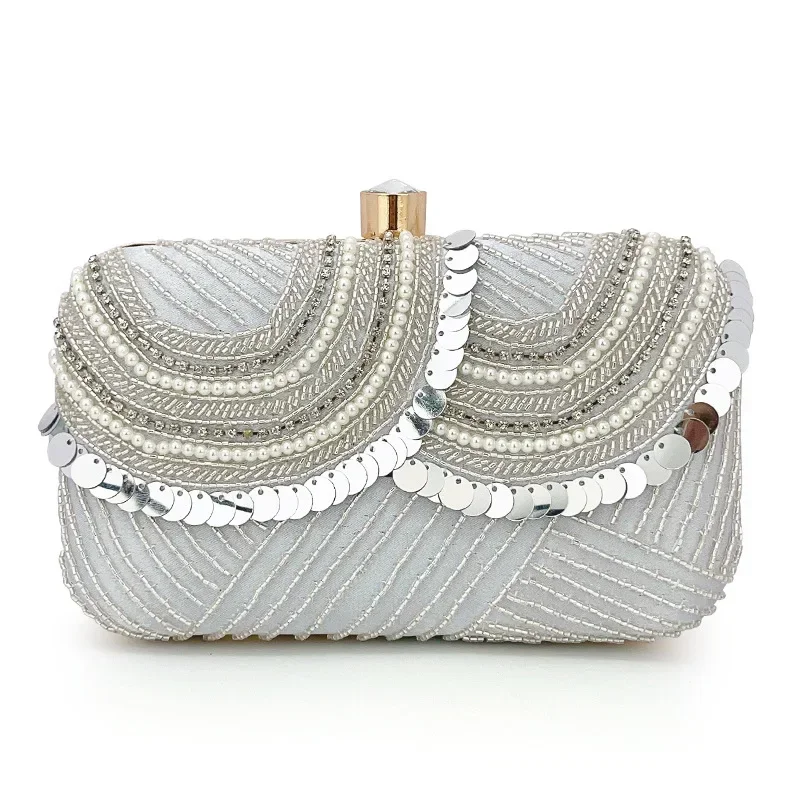 

Luxury Evening Bags Pearl Diamonds Sequined Handbag Crossbody Chain Wedding Purse Elegant Silver Prom Party Clutches Women Gift