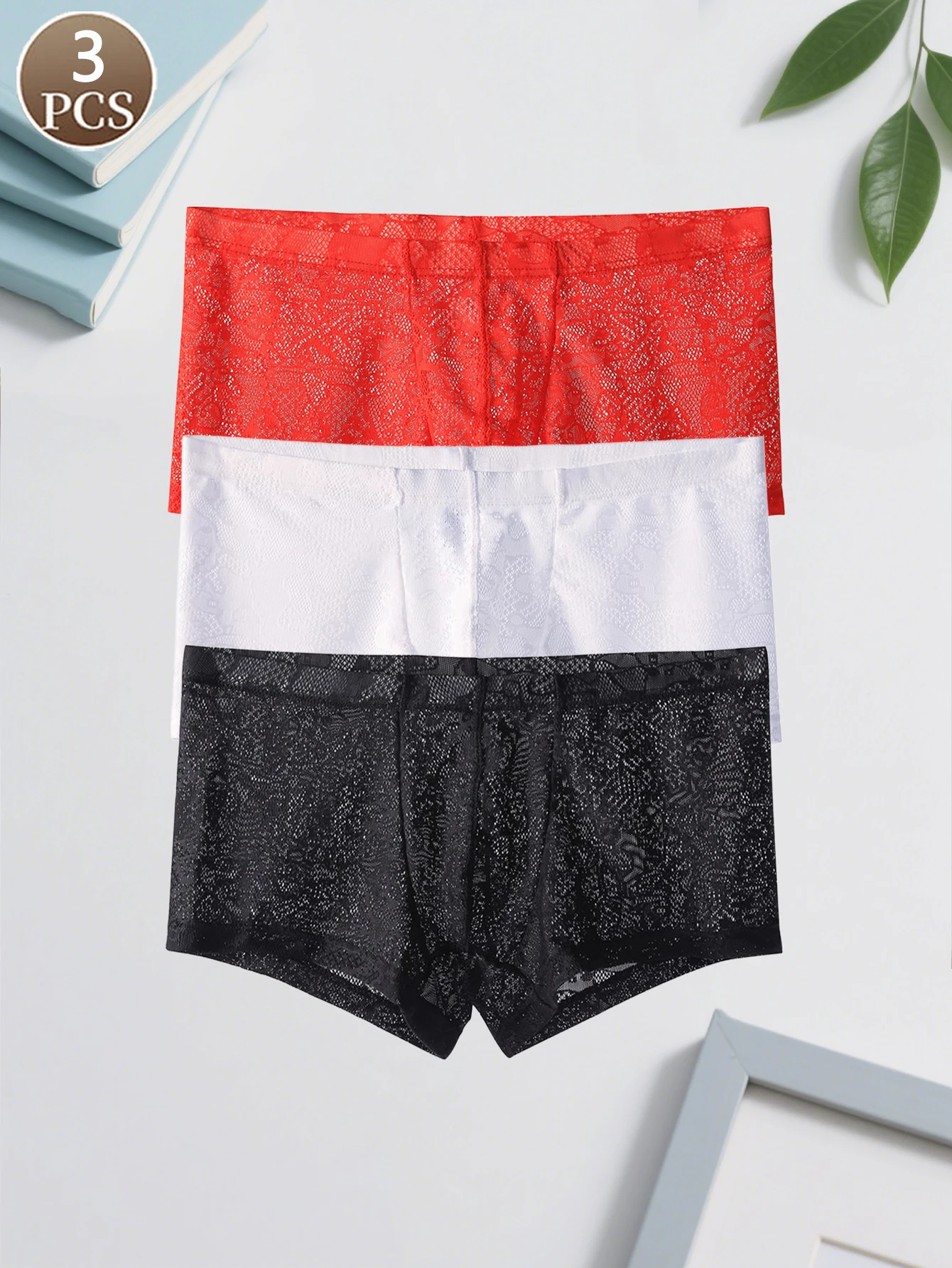 

3 шт., сексуальное жаккардовое повседневное спортивное базовое мужское дышащее бесшовное кружевное нижнее белье с низкой талией