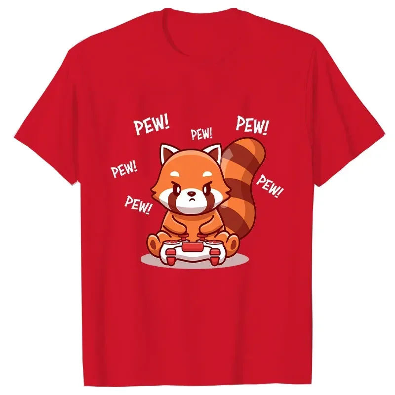 Short Sleeve Tee Red Panda Playing Video Games Funny Women Top Fashion Casual Clothes 2000s Aesthetic Tshirts Anime Y2k T-Shirt