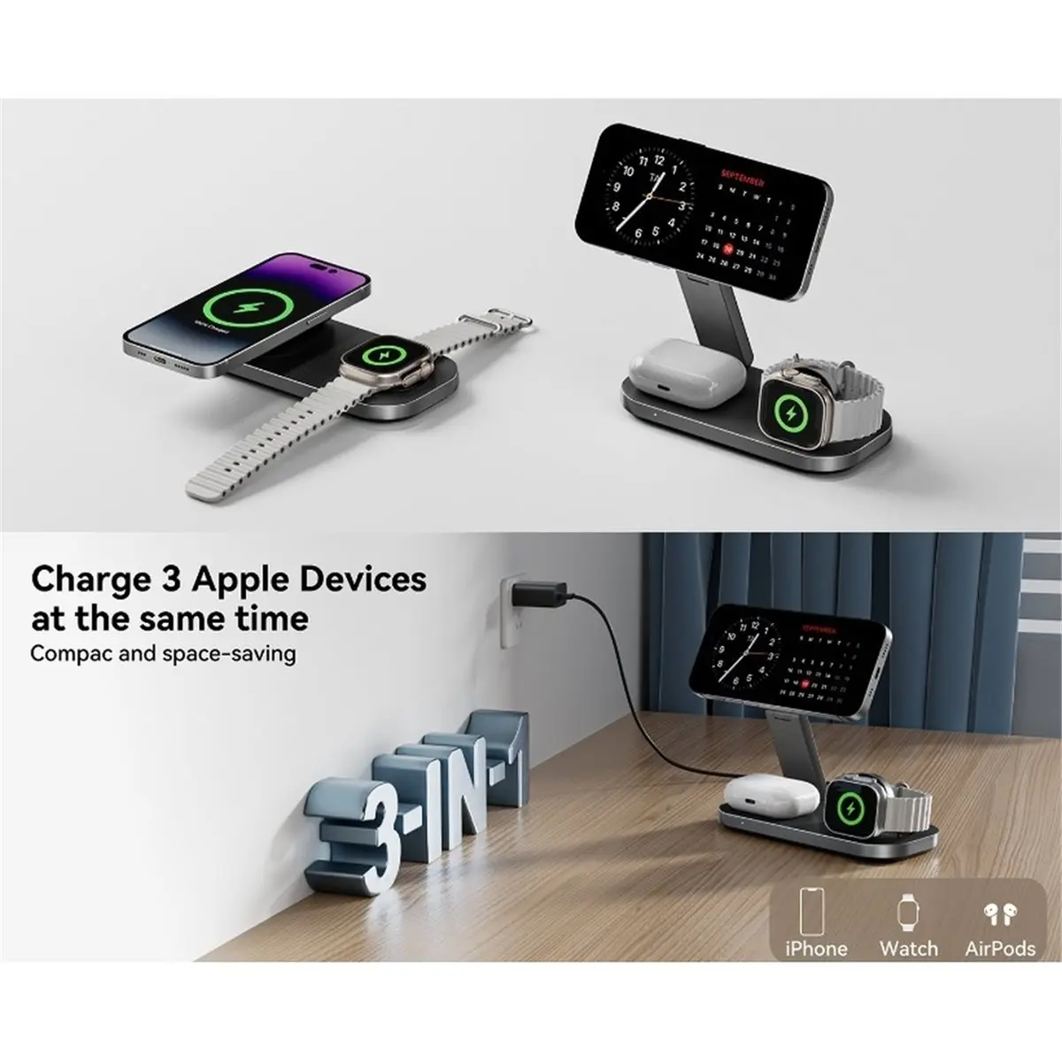 PHONE&GEAR  Magnetic Foldable Wireless Charger Station for Most Smartphones Smart Watch and Earbuds Black