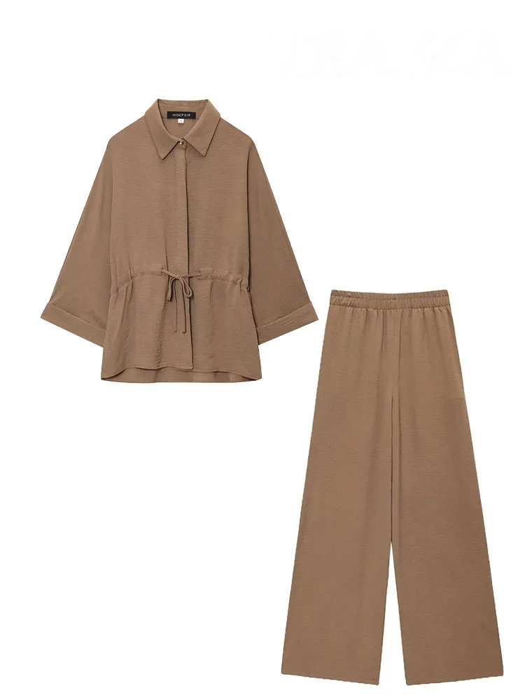 HH-Conjunto de pantalones para mujer, cinturón de cuerda con solapa a la moda, camisa decorativa de un solo pecho, Top + conjunto de pantalones de pierna ancha informales con cintura elástica
