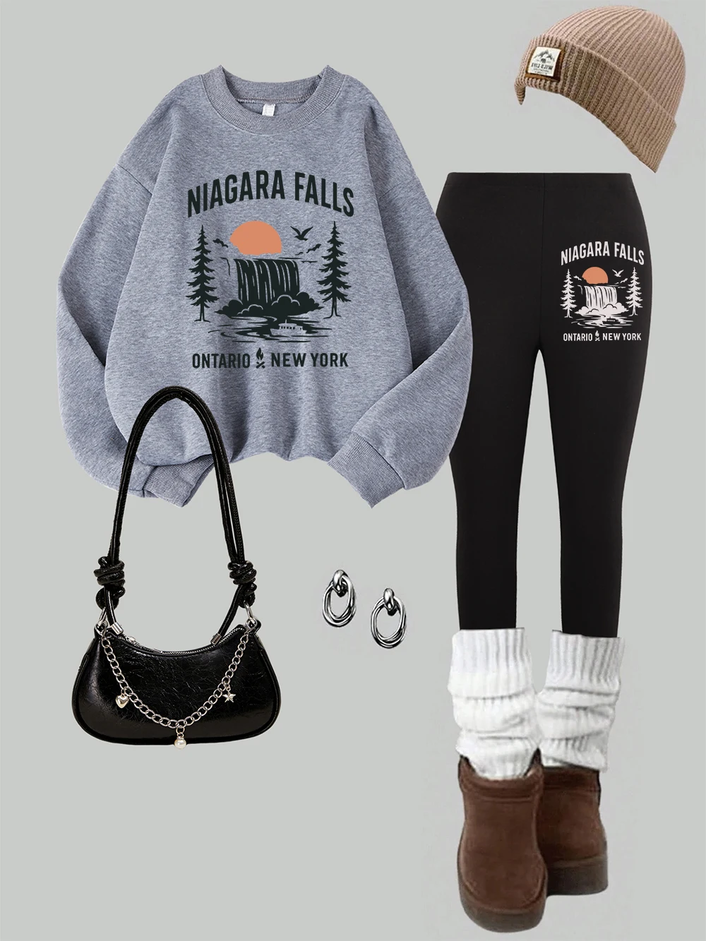 

2 Piece Women Niagara Falls Ontario New York Prints Sweatshirt Leggings Set Street Warm Fleece Hoodie Pants Winter Woman Clothes