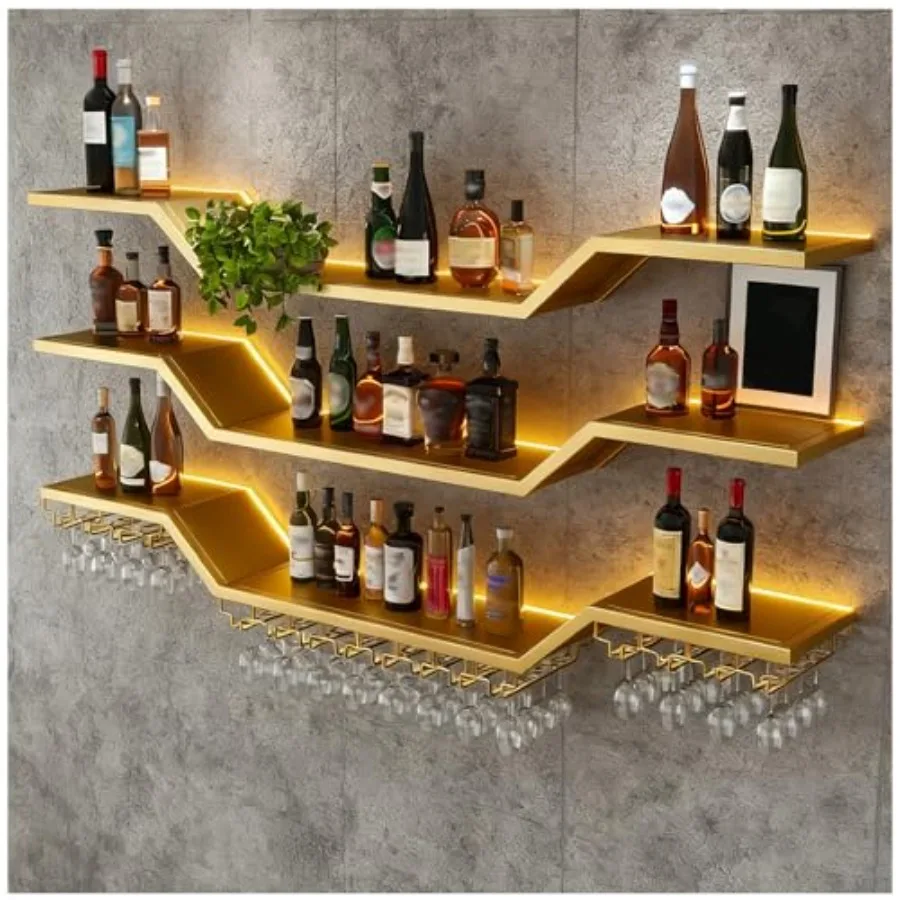 

Настенная полка для вина 31,5 дюйма, современная, светодиодная, 3-ярусная, с подставкой для бокалов, большая подвесная полка для алкоголя, настенное крепление