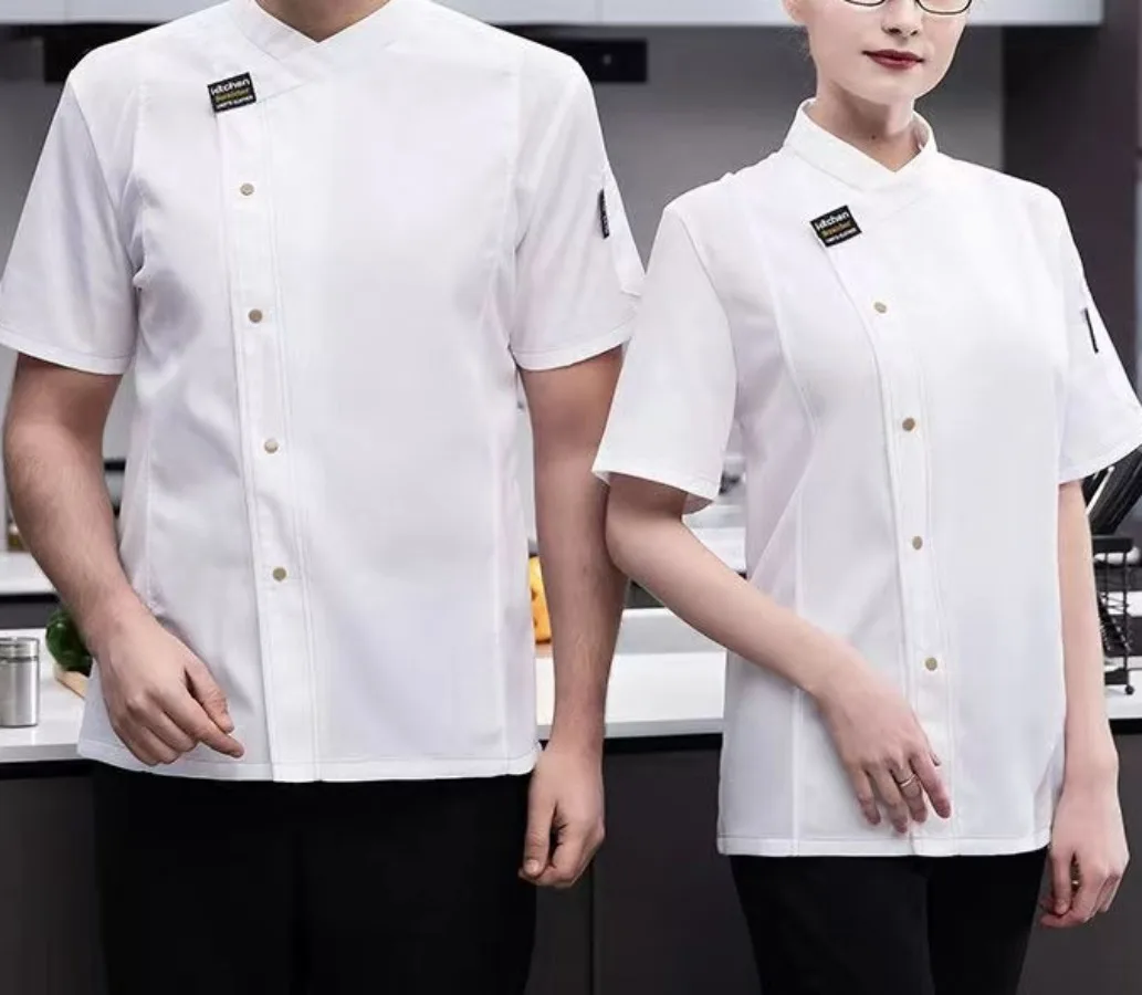 Kitchen Chef Jacket Short Sleeve Stain Resistant Work Coat Unisex Chef Uniforms for Restaurant Catering Staff Long Sleeve Tops
