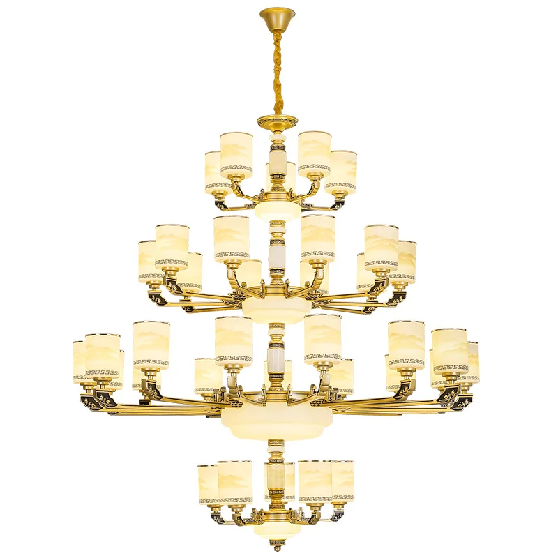 

New Chinese style, villa, living room, hollow, duplex, chandelier, atmosphere, Chinese style