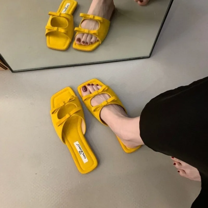 French Slippers Women Outer Wear 2026 Niche Flat Square Toe Bow Cold Slippers Beach Shoes - view 2