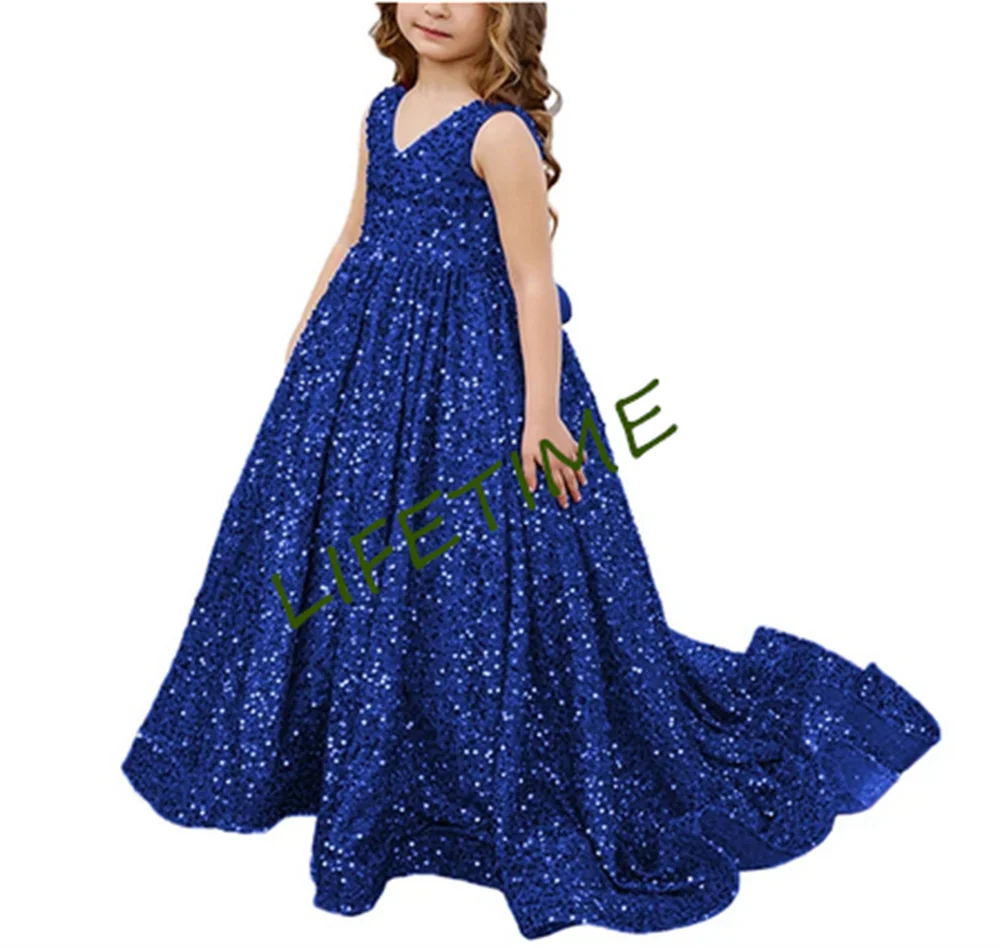 Girls Sequins Princess Pageant Vestidos, Até o chão, A-Line Flower Girl Dress, Natal Kids, Ruffles Party, Vestidos de baile, Tapete Vermelho