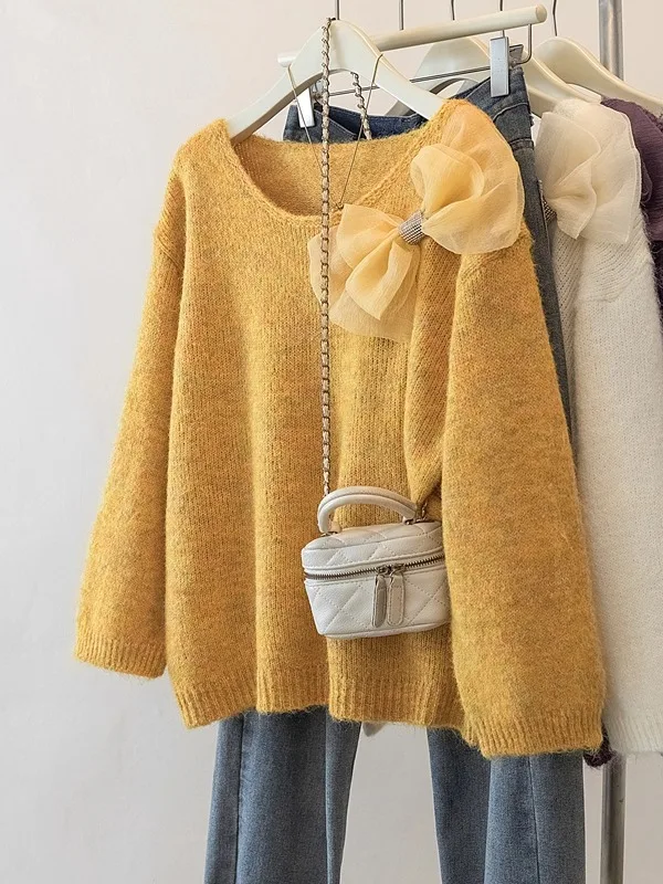 

Trendy Yellow 3D Knot Shoulder Sweater Women's plus Size Spring Early Season Fashionable Top Women's Knitwear