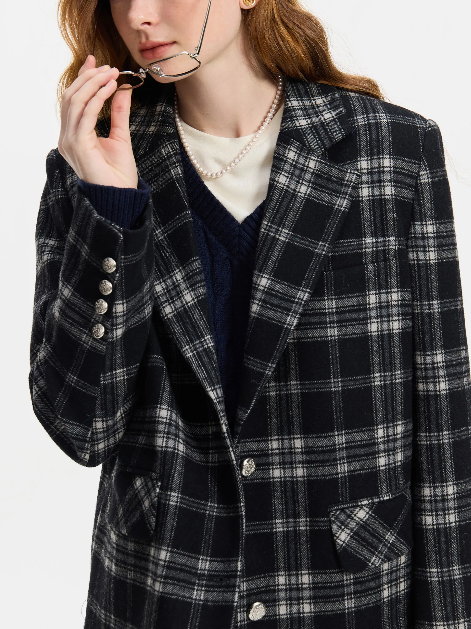 FSLE 50.4% Wool Women Blazer Coats Office Lady Black Grey Plaid Straight Autumn Wool Coat Notched Neck Female Blazers 24FS14389