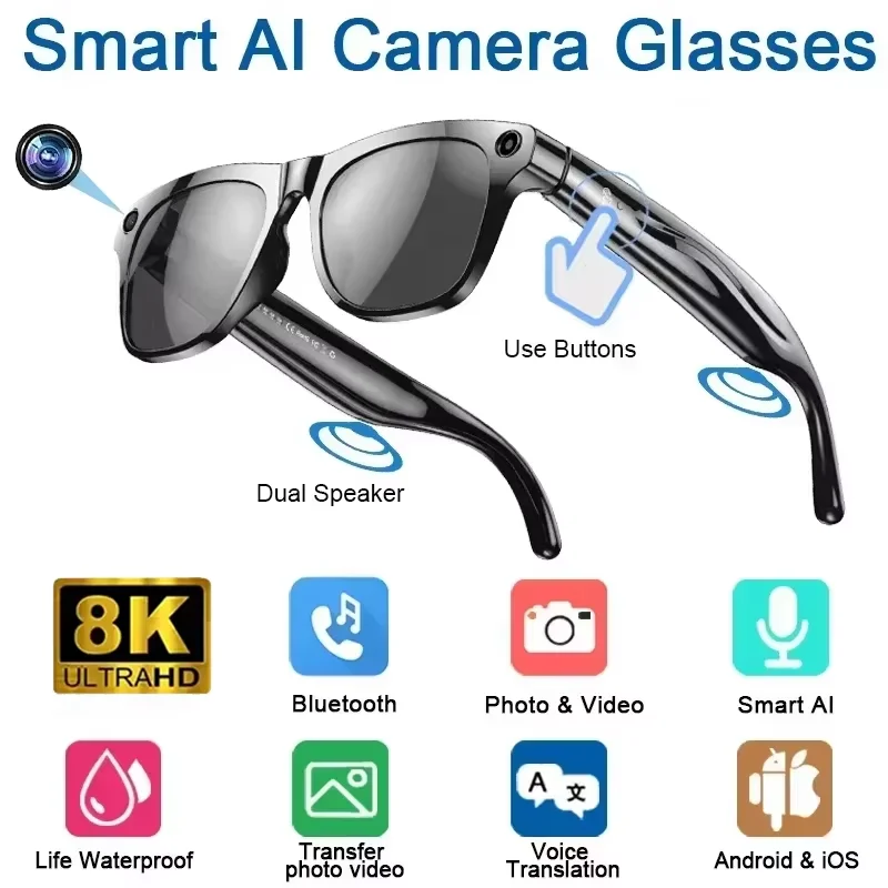 Lenovo ChatGPT 8K Smart AI Bril met 1200mp Camera, Touch Sport Bluetooth Zonnebril, Bellen, Muziekspeler voor Mannen en Vrouwen, Cadeau