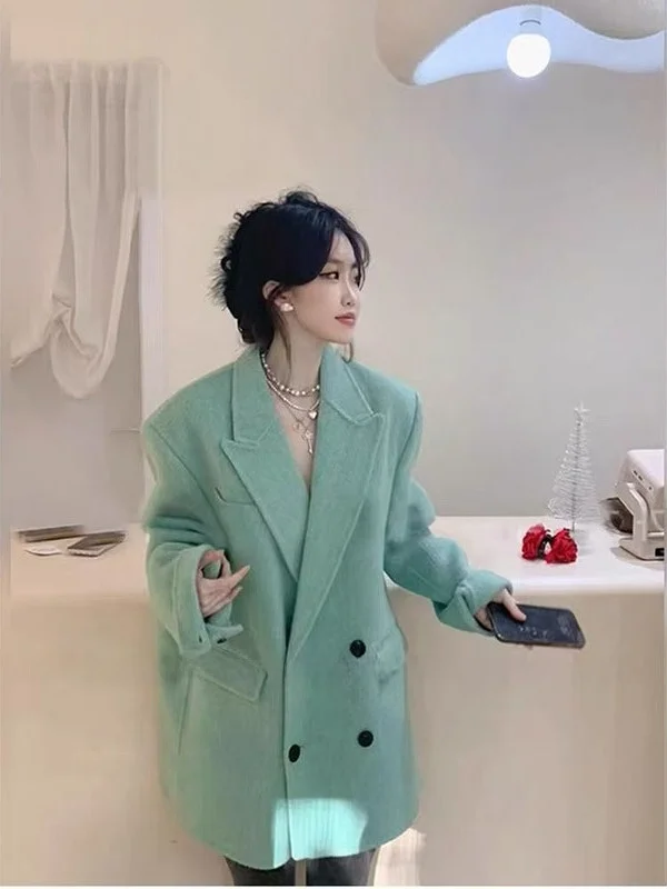 

plus Size een Suit Jaet Women's Loose Mid-Length Autumn Winter Woolen Coat Korean Sle High Quali Large 300 Pou