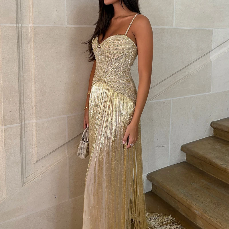 Robe élégante à bretelles dénudées pour femmes, tenue de Banquet, président, à la mode, avec franges à paillettes, Slim, pour Cocktail, nouvelle collection 2026
