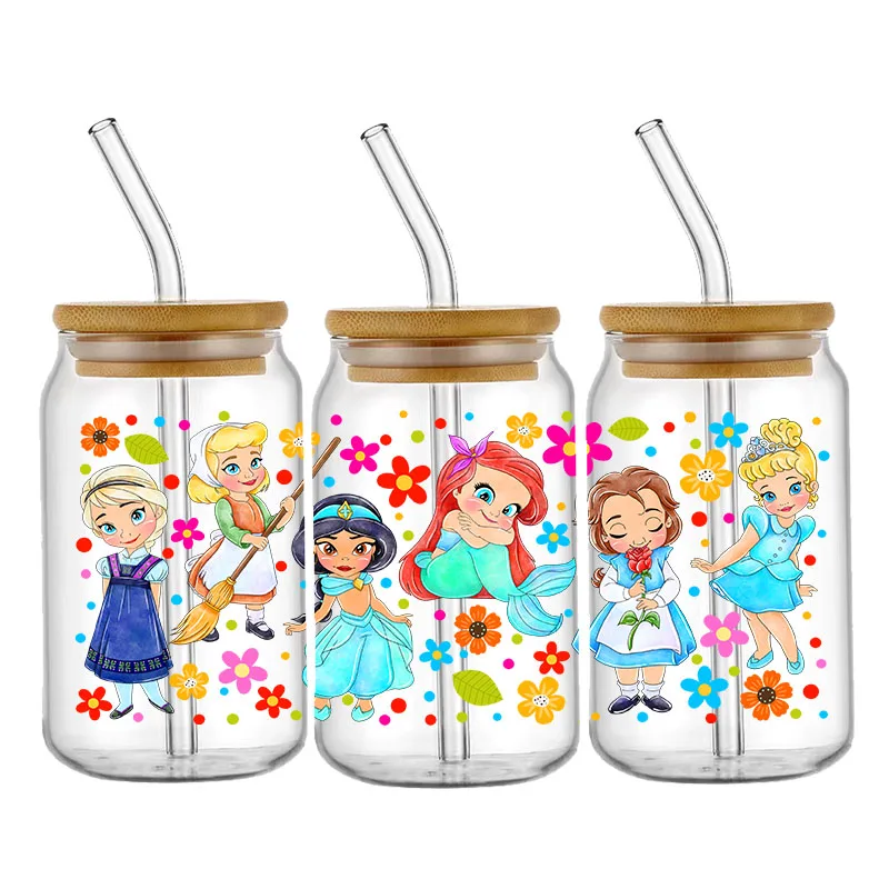 Disney Animated Movies Princess UV DTF Cup Wraps Transfer Sticker For 16OZ Glass Libbey Can Bottle Washable DIY Custom