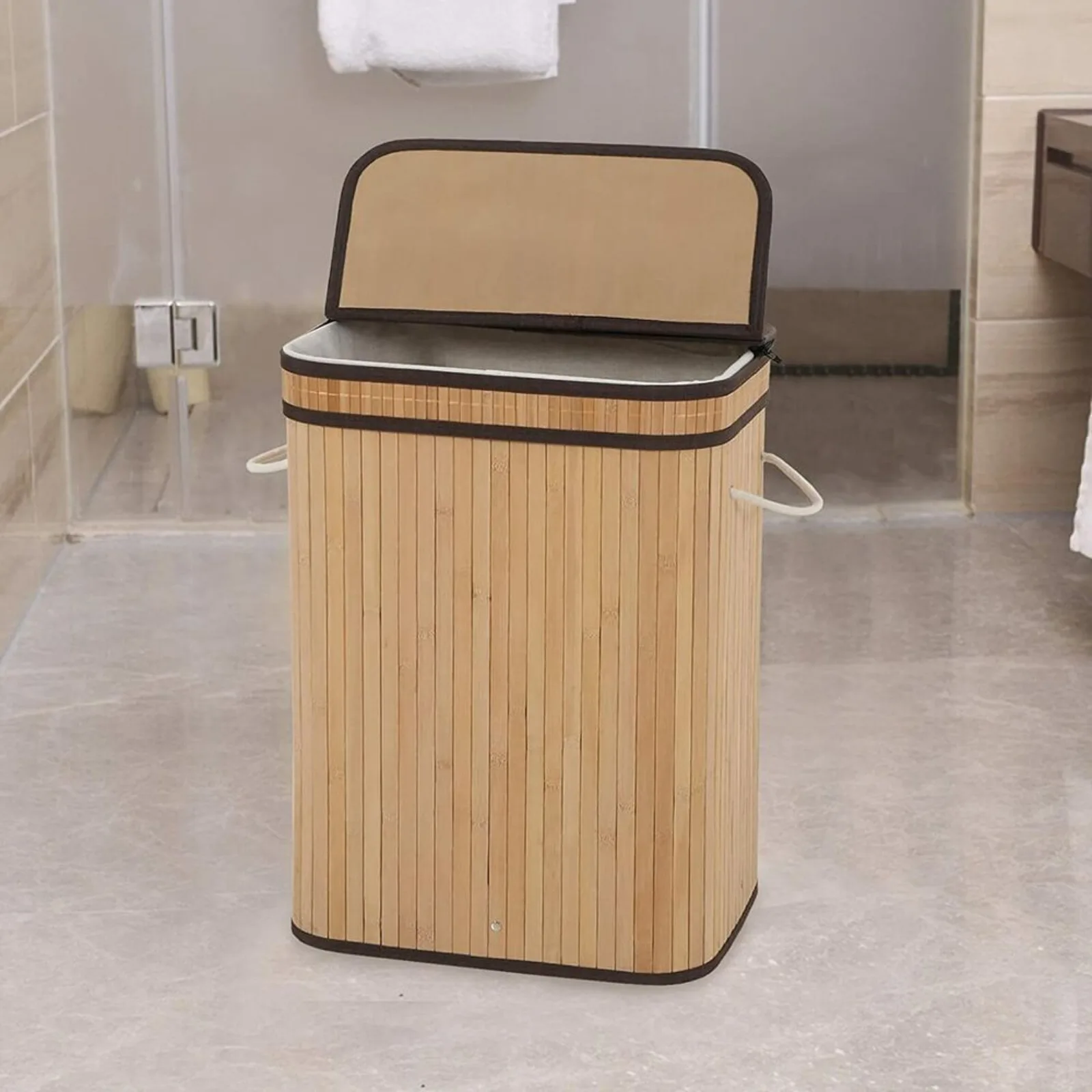 

US Laundry Hamper with Lid 72L Folding Bamboo Laundry Basket with Removable Liner ~