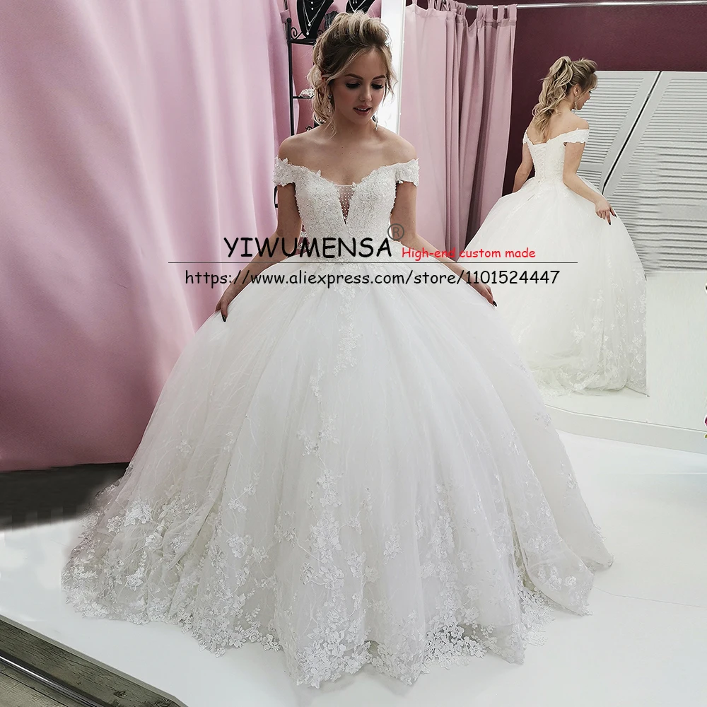 Vestido De boda De princesa De lujo para mujer, con apliques blancos, hombros descubiertos, cuello en V, con cordones, para novia, Fiesta