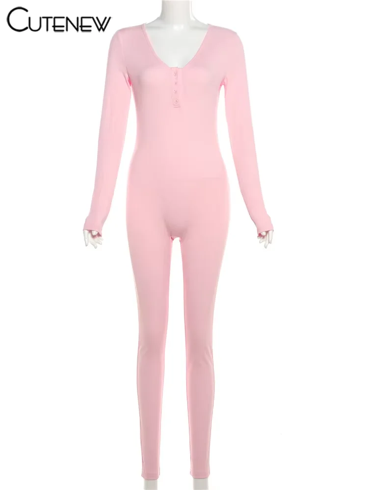 Cutenew Track-monos clásicos básicos para mujer, monos ajustados elásticos de manga larga con una hilera de botones, ropa deportiva informal para mujer