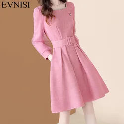 EVNISI Elegant Women Tweed Dress Diamonds Shiny Bee Brooch A-line Dresses Square Collar Casual For Women Office Vestidos Spring