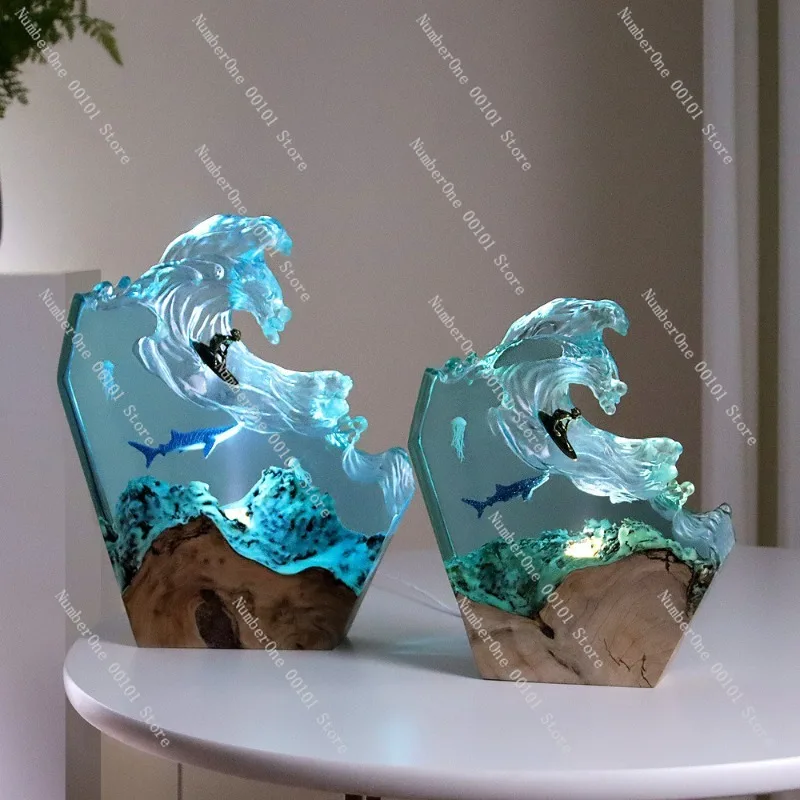 Creative Ocean Series Resin Table Lamp Whale Wave Resin Craft Ornament Artistic Desktop Decoration Night Light Handmade Marine
