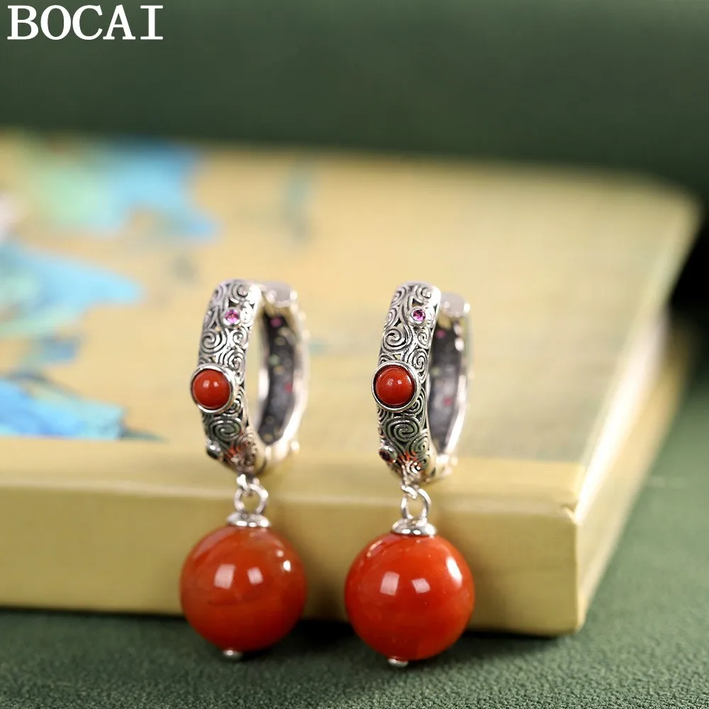 

BOCAI NEW S925 Sterling Silver Retro Hollowed Out Inlaid With Southern Red Agate Earrings Women's Gift
