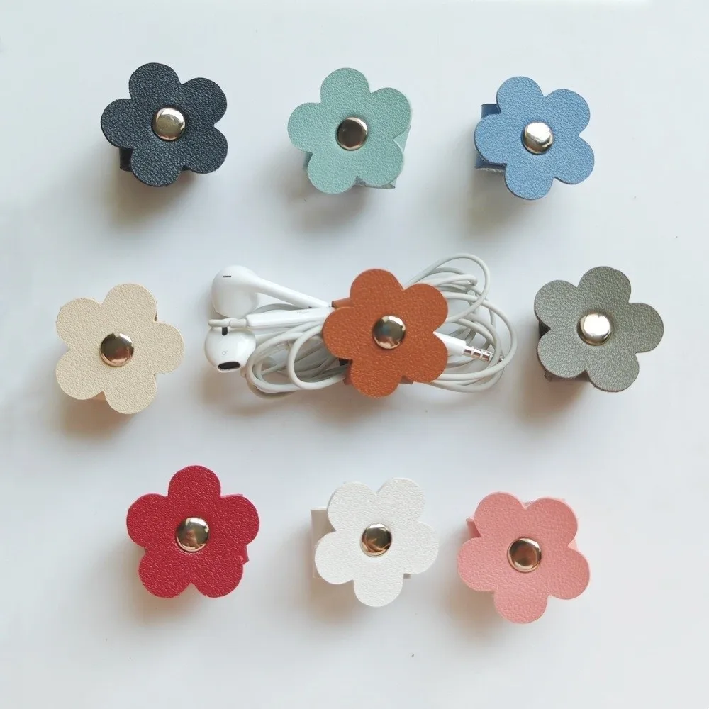Portable Leather Flower Cable Winder Portable Reusable Cord Organizer Clips Fastening Straps Earphone Cord