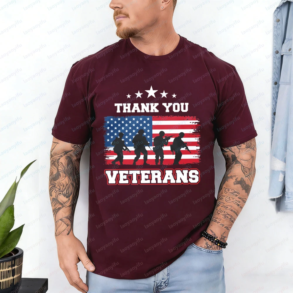 

Thank You Veterans Tops America Flag Soldier Silhouette Patriotic Casual Cotton Tee Trend Retro Independence Day T Shirt for Men