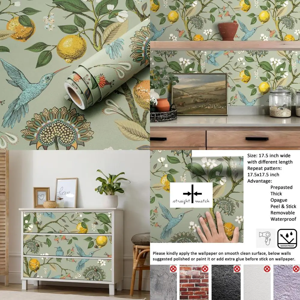 ورق جدران كلاسيكي قابل للتقشير واللصق باللون الأخضر المريمية مع الطيور والزهور والليمون الذهبي والأشجار للمطبخ، طراز بوهيمي