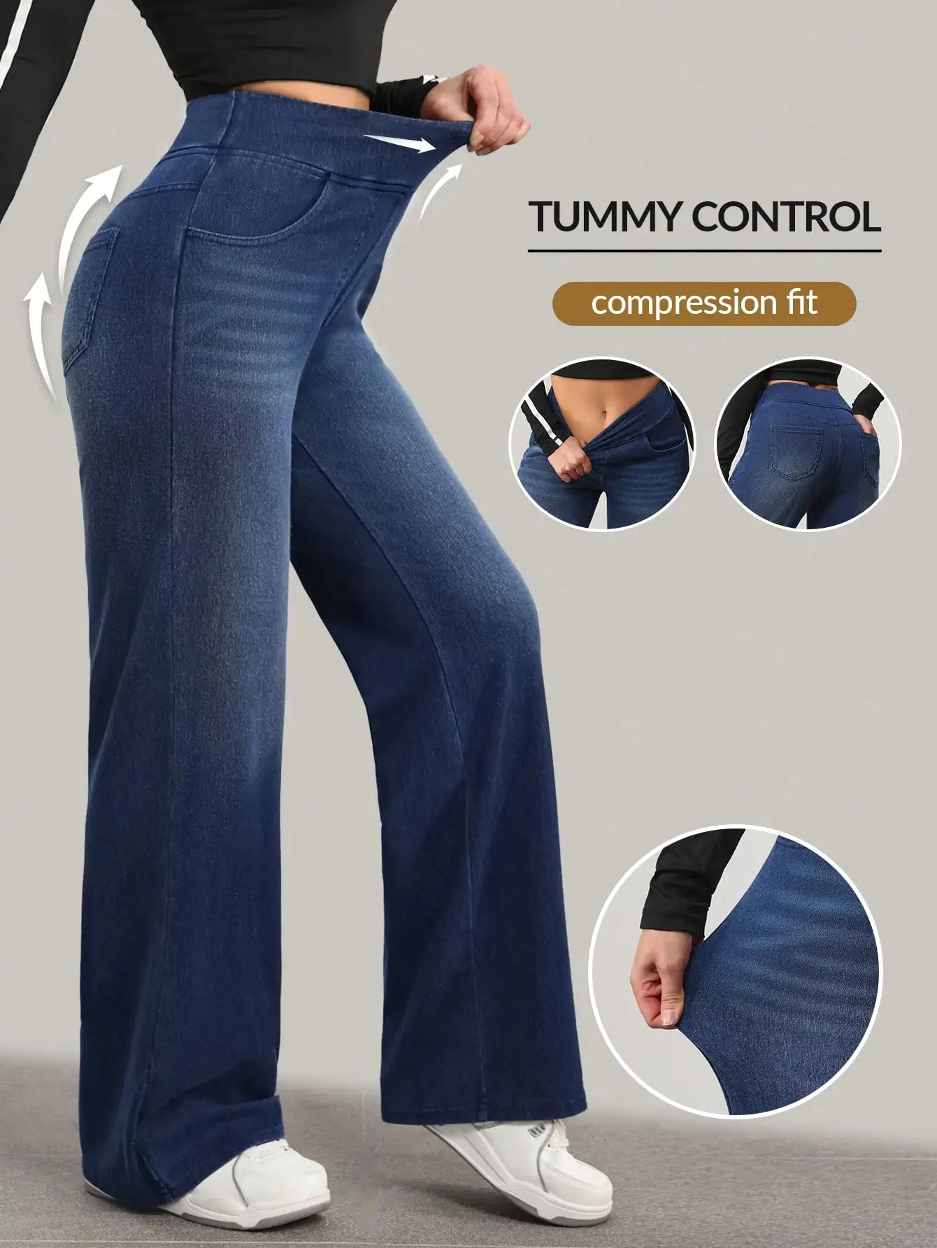 

Женские джинсы с высокой талией, широкими штанинами, из эластичного денима, с эффектом коррекции живота