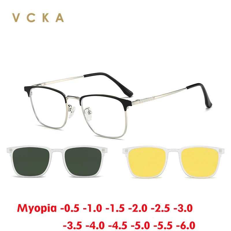 VCKA 3 in 1 Business Men Polarized Myopia Sunglasses Square Magnetic Clip Prescription Women Custom Glasses Frame -0.5 to -6.0