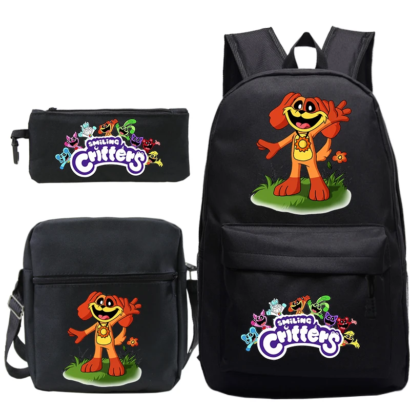 Mochila de nailon de 3 piezas para niños y niñas, bolso escolar con estampado de Critters sonrientes, de gran capacidad, personalizado, para ordenador portátil