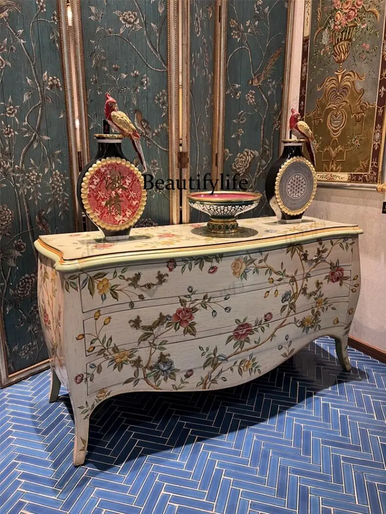 French chest, luxury court style solid wood dining side cabinet, old hand-painted bird-singing flower dresser cabinet