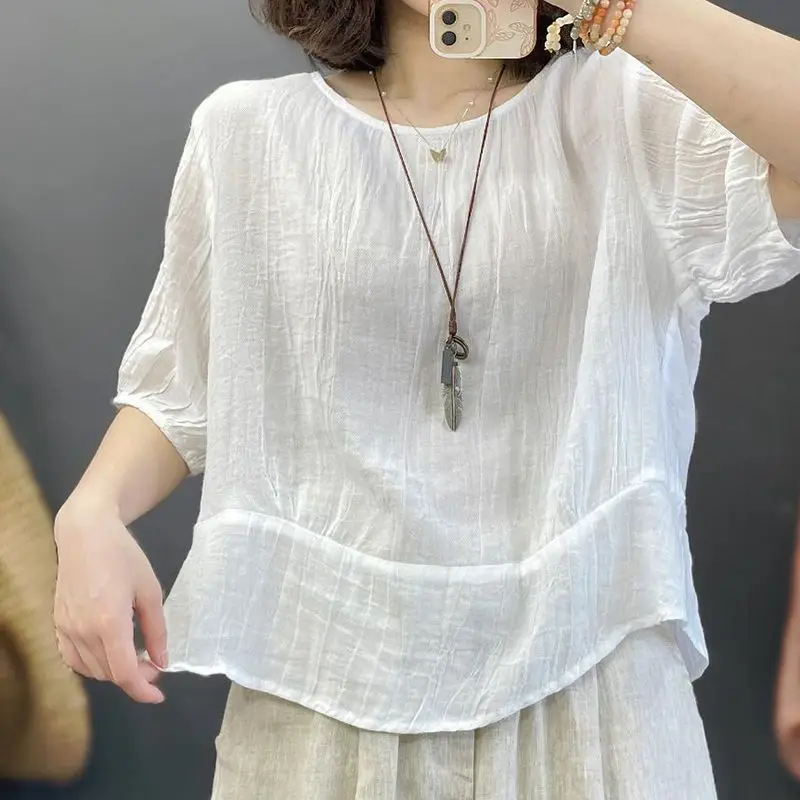 Women Summer Simplicity Elegant Loose Pleated Solid Color O-neck Short Sleeve Shirts Women Clothes Casual All-match Trend Tops