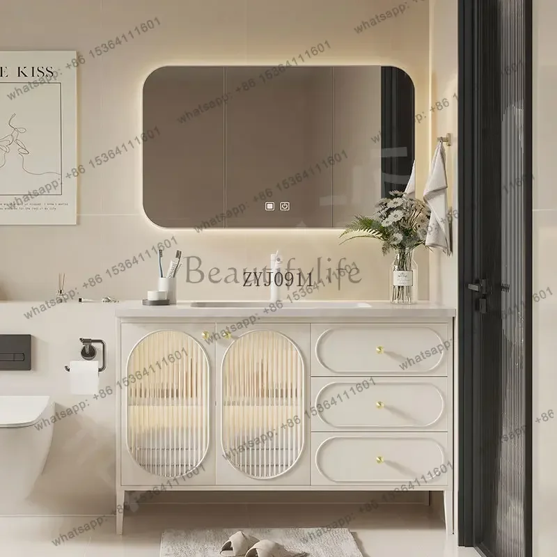 Ceramic integrated basin Solid wood floor-to-ceiling bathroom cabinet French cream style American washstand