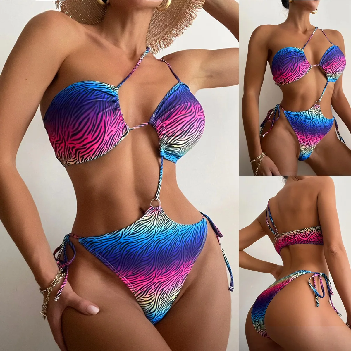 BKLD Sexy Gradient Colorful Stripe Print Open Back Lace Up Hollow Out One Pieces Swimsuit Woman 2024 Summer Strap Bodysuits