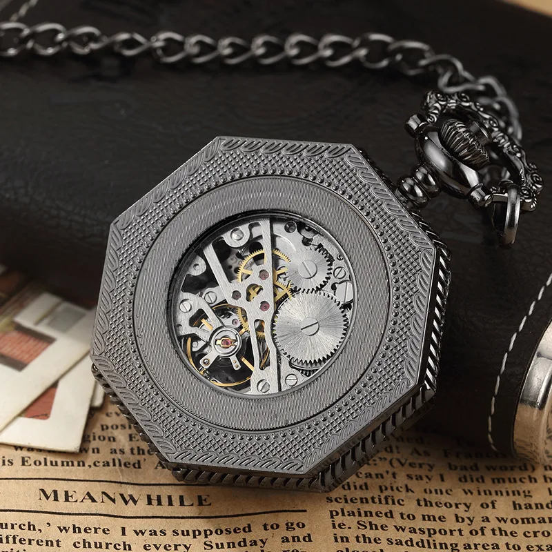 Ramadan Classic Hexagonal Mechanical Pocket Watch FOB Chain Steampunk Roman Dial Skeleton Gold Hollow Steel Men's Pocket Watch